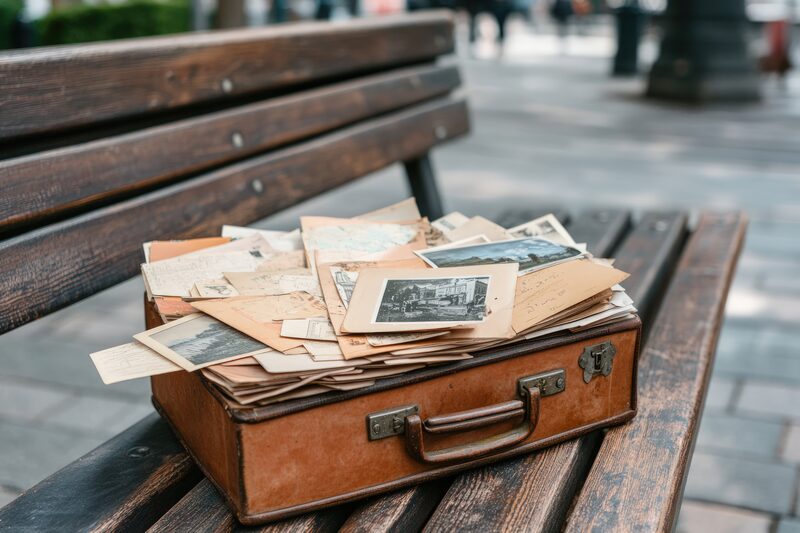 Vintage suitcase filled with old family photographs